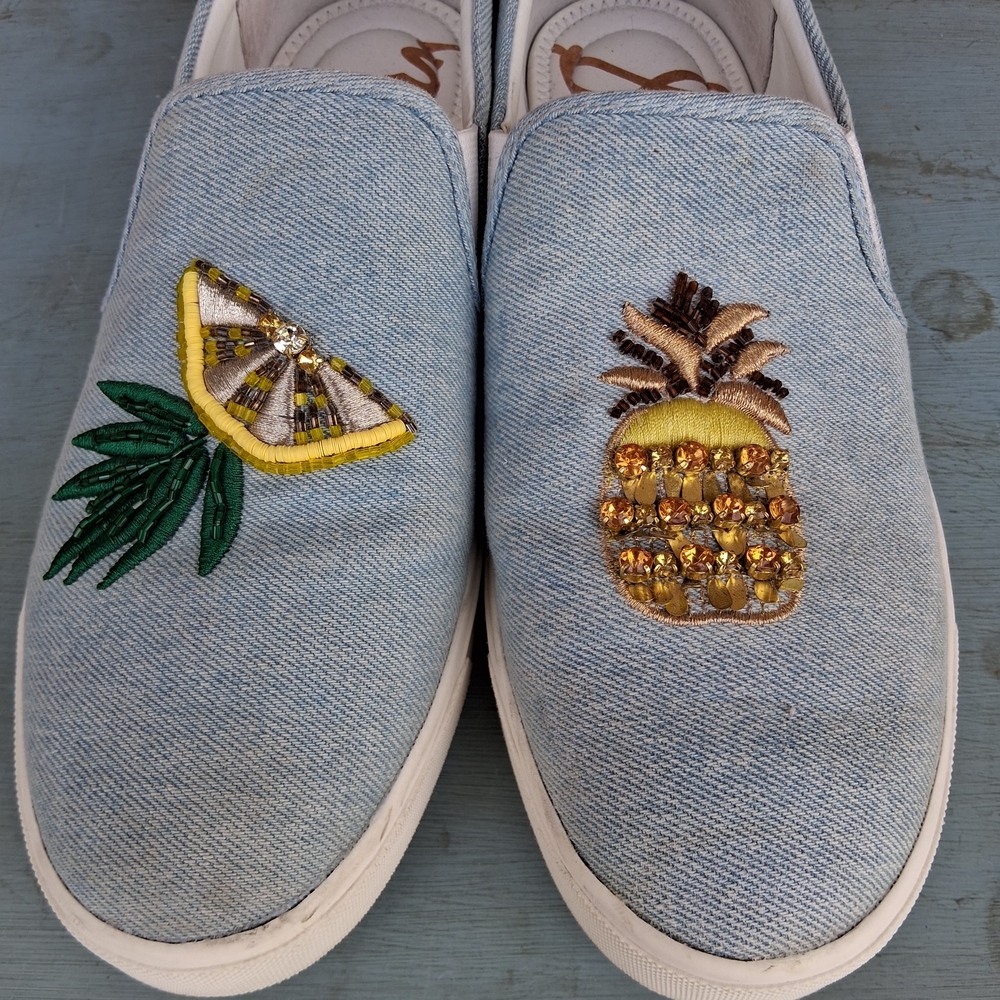Sam Edelman Evalina Denim Slip On Sneakers Pineapple Lemon Embroidered Flats - Picture 7 of 11